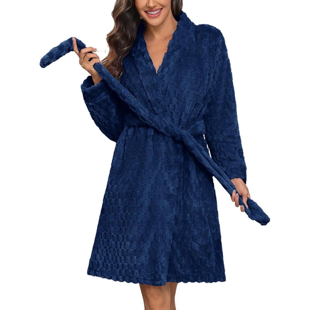 imageEkouaer Womens Robes Short Plush Bathrobe Knee Length Warm Soft Jacquard Robe Winter House Coat with Pockets SXXLBlue Purple Jacquard