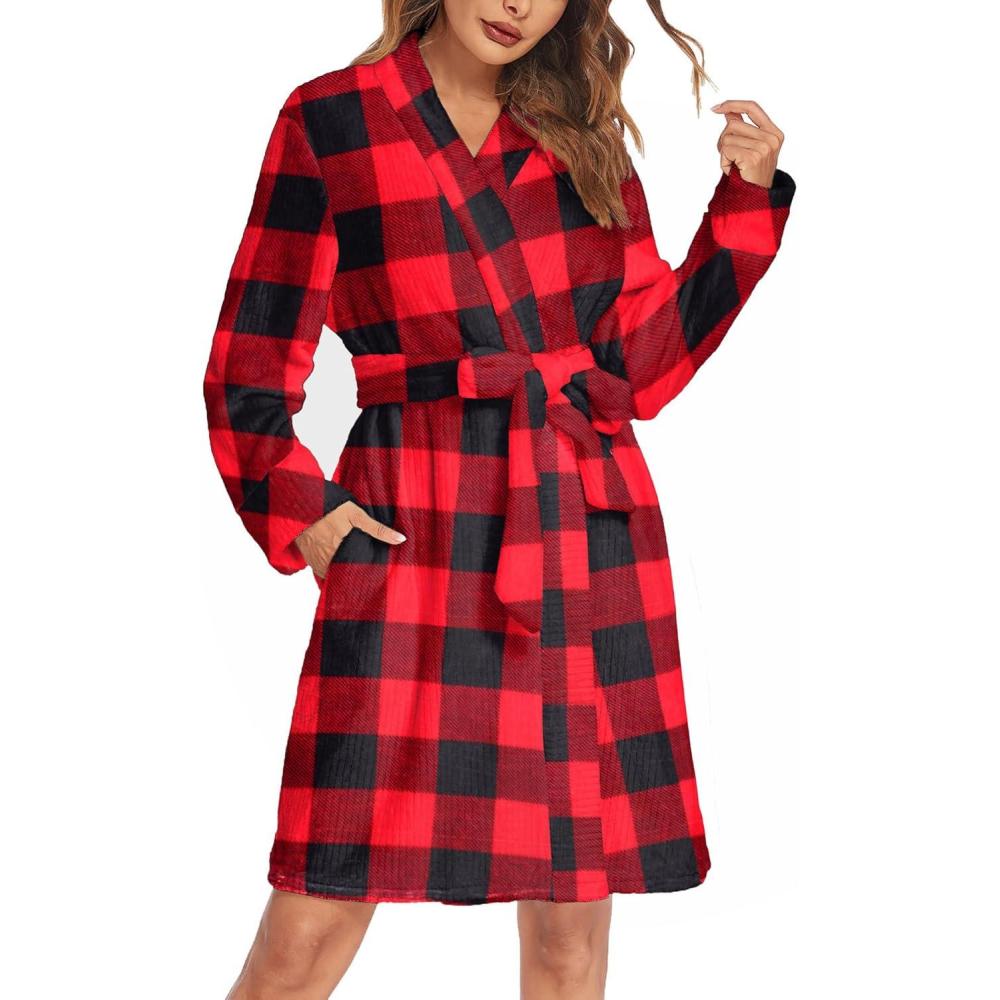 imageEkouaer Womens Robes Short Plush Bathrobe Knee Length Warm Soft Jacquard Robe Winter House Coat with Pockets SXXLBuffalo Plaid