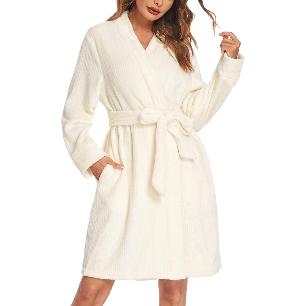 imageEkouaer Womens Robes Short Plush Bathrobe Knee Length Warm Soft Jacquard Robe Winter House Coat with Pockets SXXLCream