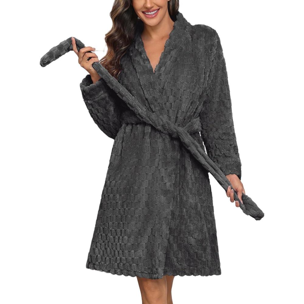 imageEkouaer Womens Robes Short Plush Bathrobe Knee Length Warm Soft Jacquard Robe Winter House Coat with Pockets SXXLDark Grey Jacquard