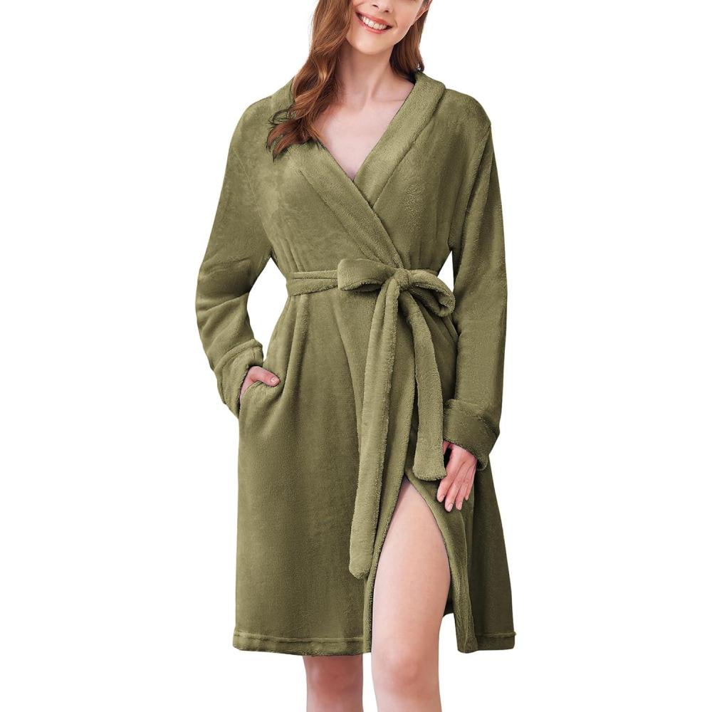 imageEkouaer Womens Robes Short Plush Bathrobe Knee Length Warm Soft Jacquard Robe Winter House Coat with Pockets SXXLGreen