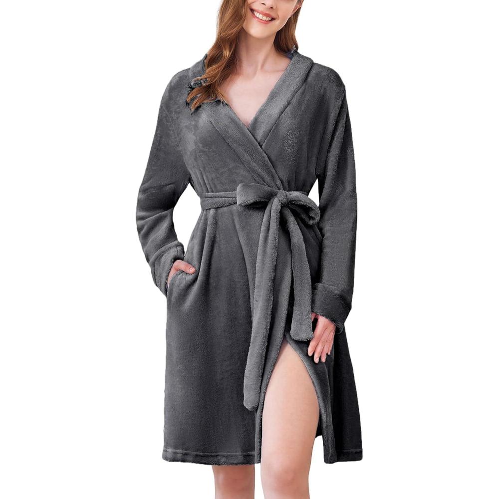 imageEkouaer Womens Robes Short Plush Bathrobe Knee Length Warm Soft Jacquard Robe Winter House Coat with Pockets SXXLGrey