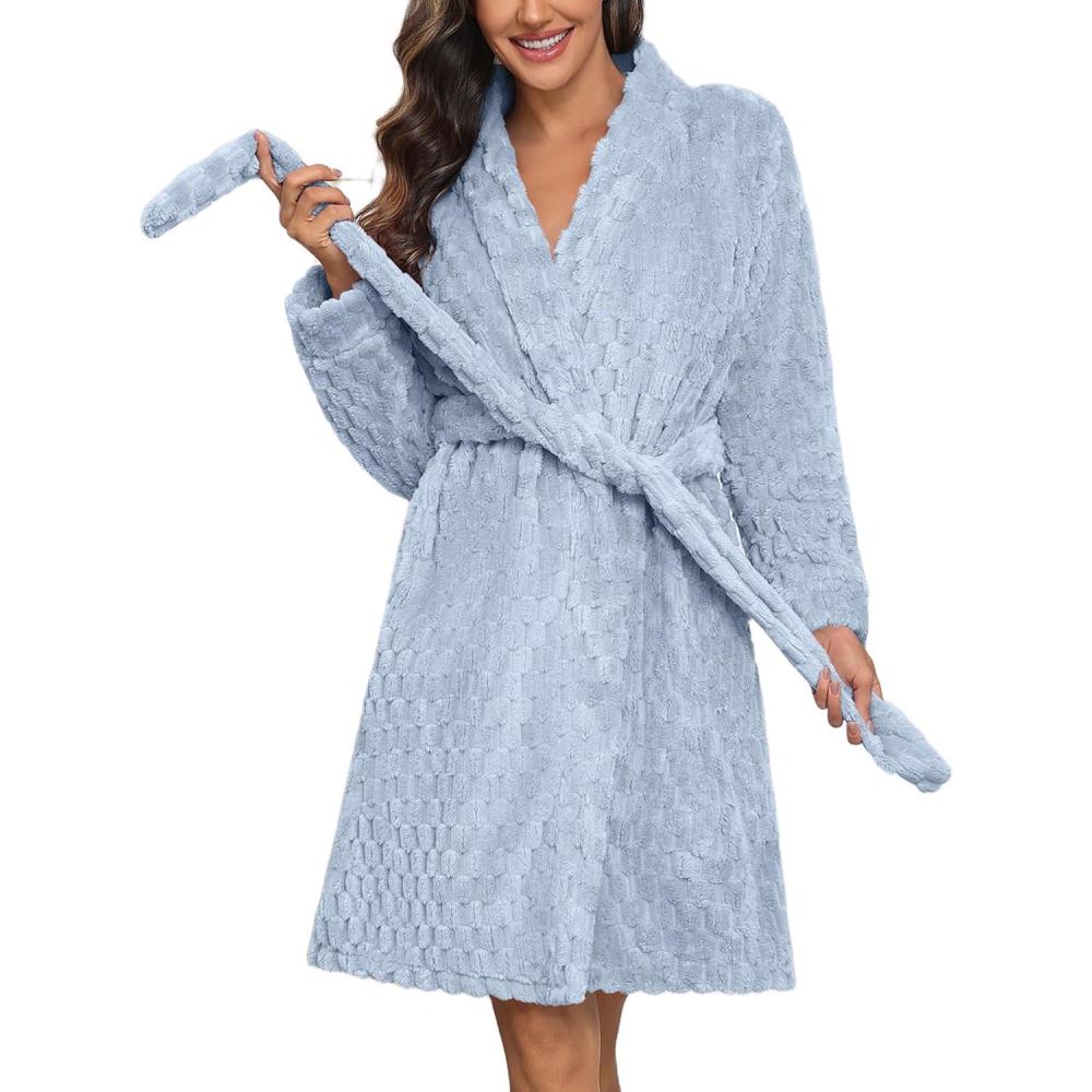 imageEkouaer Womens Robes Short Plush Bathrobe Knee Length Warm Soft Jacquard Robe Winter House Coat with Pockets SXXLLight Blue Jacquard