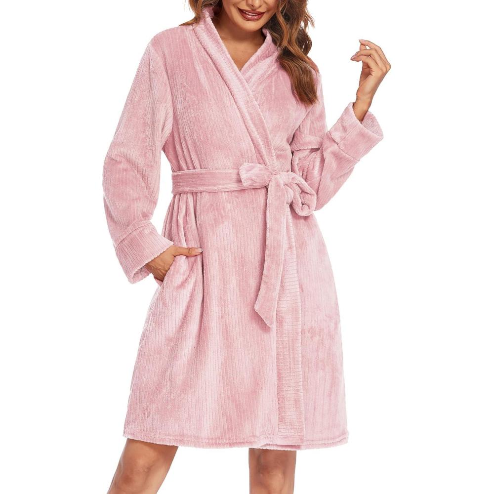 imageEkouaer Womens Robes Short Plush Bathrobe Knee Length Warm Soft Jacquard Robe Winter House Coat with Pockets SXXLLight Pink