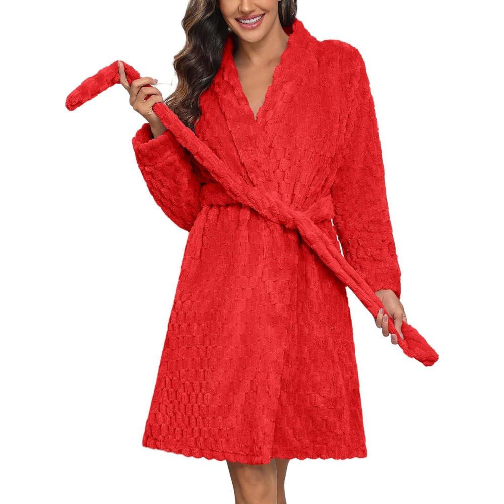 imageEkouaer Womens Robes Short Plush Bathrobe Knee Length Warm Soft Jacquard Robe Winter House Coat with Pockets SXXLRed Jacquard