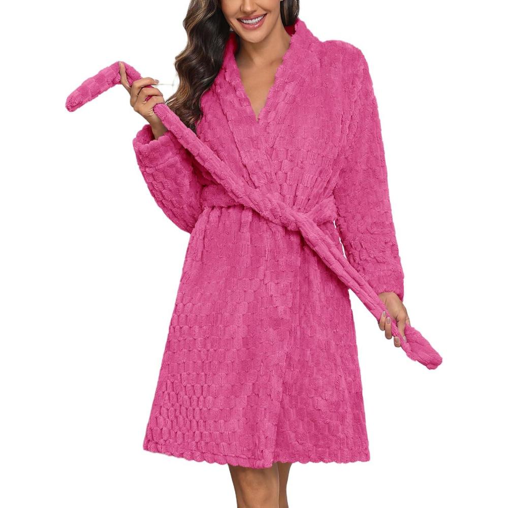 imageEkouaer Womens Robes Short Plush Bathrobe Knee Length Warm Soft Jacquard Robe Winter House Coat with Pockets SXXLRose Pink Jacquard