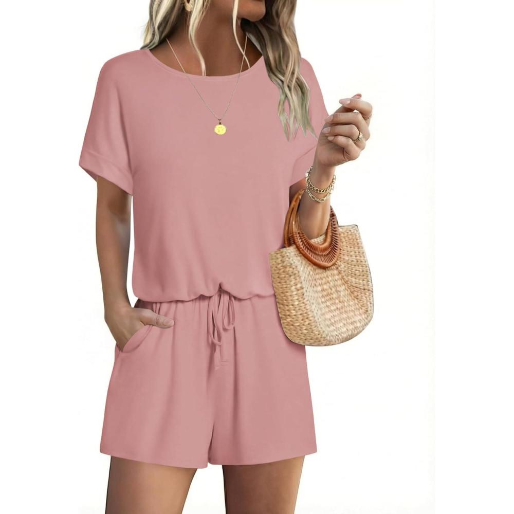 imageEkouaer Womens Romper 2026 Summer Casual Short Jumpsuits Beach Vacation Clothes with PocketsDirty Pink
