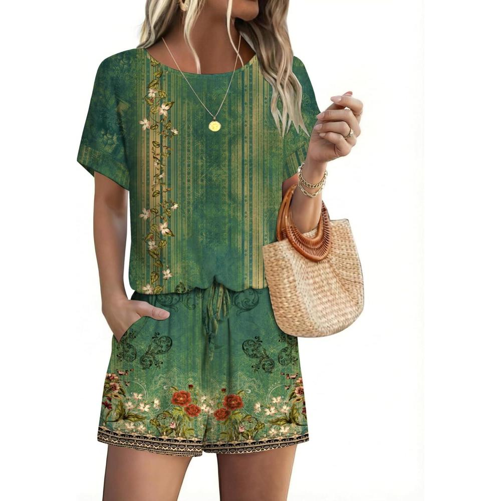 imageEkouaer Womens Romper 2026 Summer Casual Short Jumpsuits Beach Vacation Clothes with PocketsFloral Green Boho