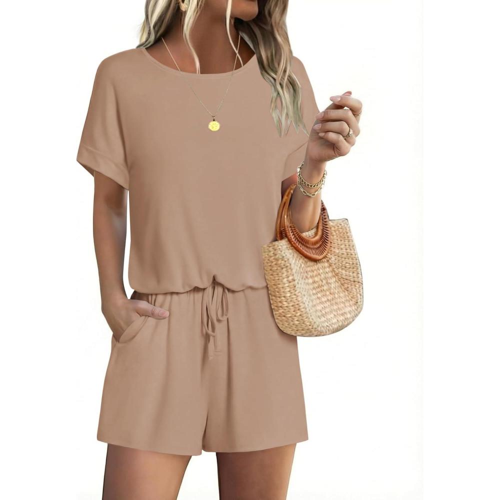 imageEkouaer Womens Romper 2026 Summer Casual Short Jumpsuits Beach Vacation Clothes with PocketsKhaki