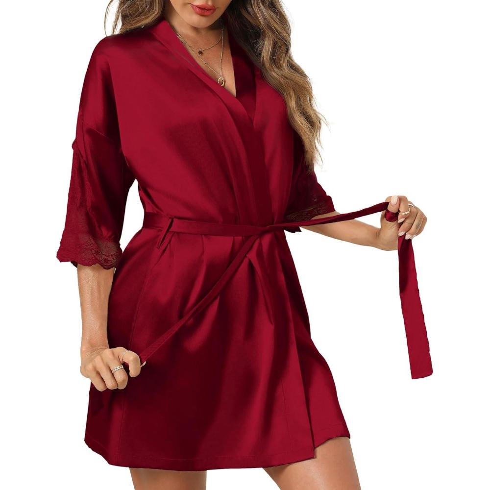 imageEkouaer Womens Satin Robes Sexy Lace Cami Nightwear Silk Bridesmaid Lingerie Kimono 34 Sleeve SleepwearWine Red