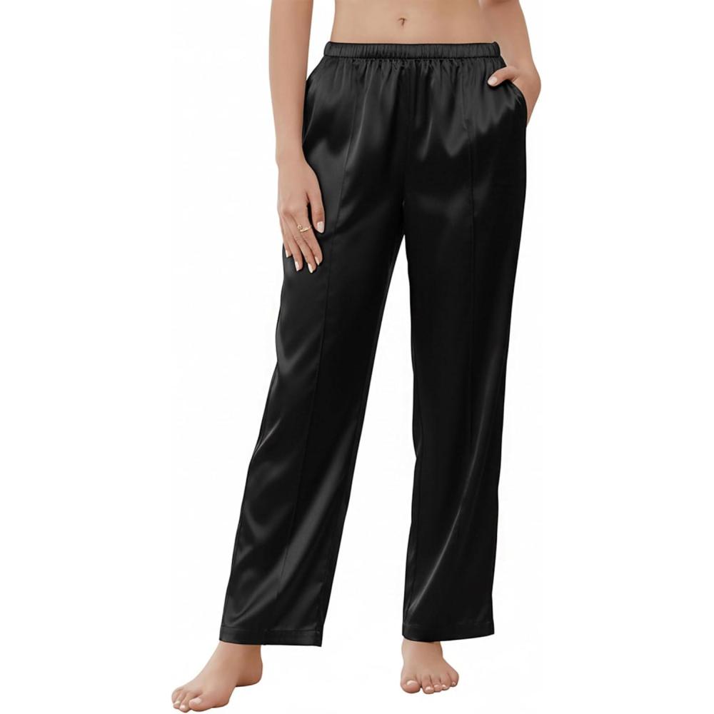 imageEkouaer Womens Silk Satin Pajama Pants Wide Leg Lounge Pants for Women Elastic Waist Pj Bottoms with Side PocketsBlack