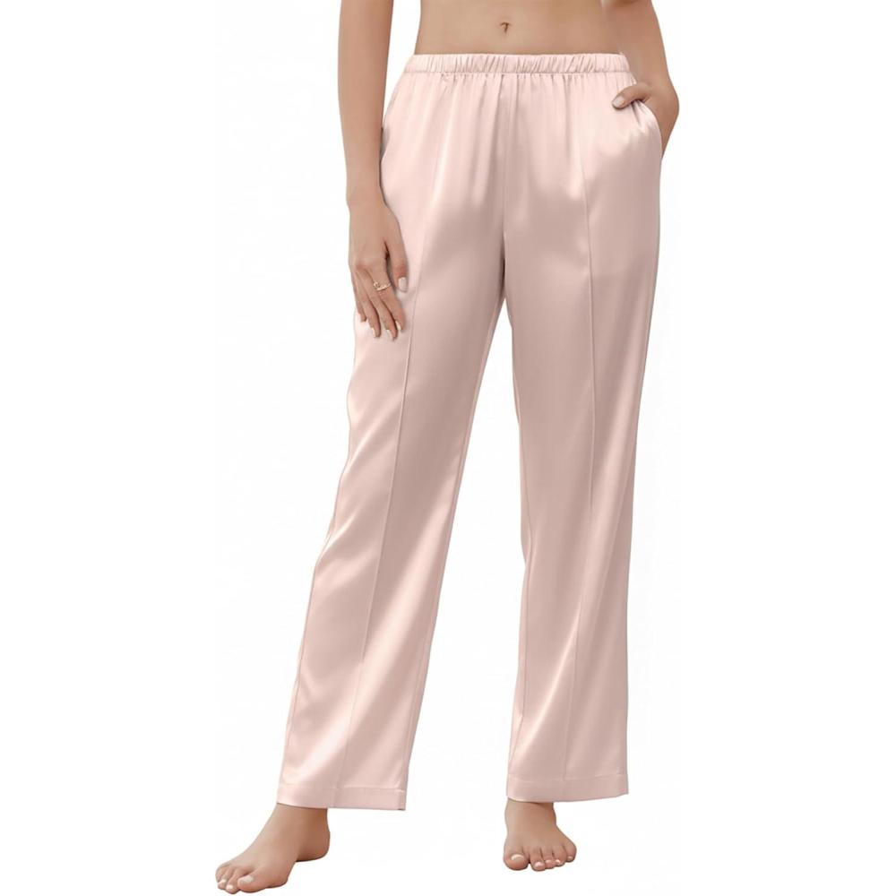 imageEkouaer Womens Silk Satin Pajama Pants Wide Leg Lounge Pants for Women Elastic Waist Pj Bottoms with Side PocketsChampagne