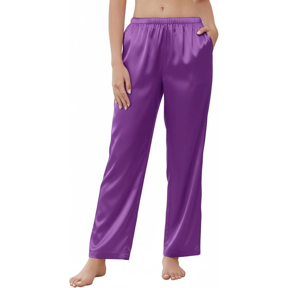 imageEkouaer Womens Silk Satin Pajama Pants Wide Leg Lounge Pants for Women Elastic Waist Pj Bottoms with Side PocketsPurple