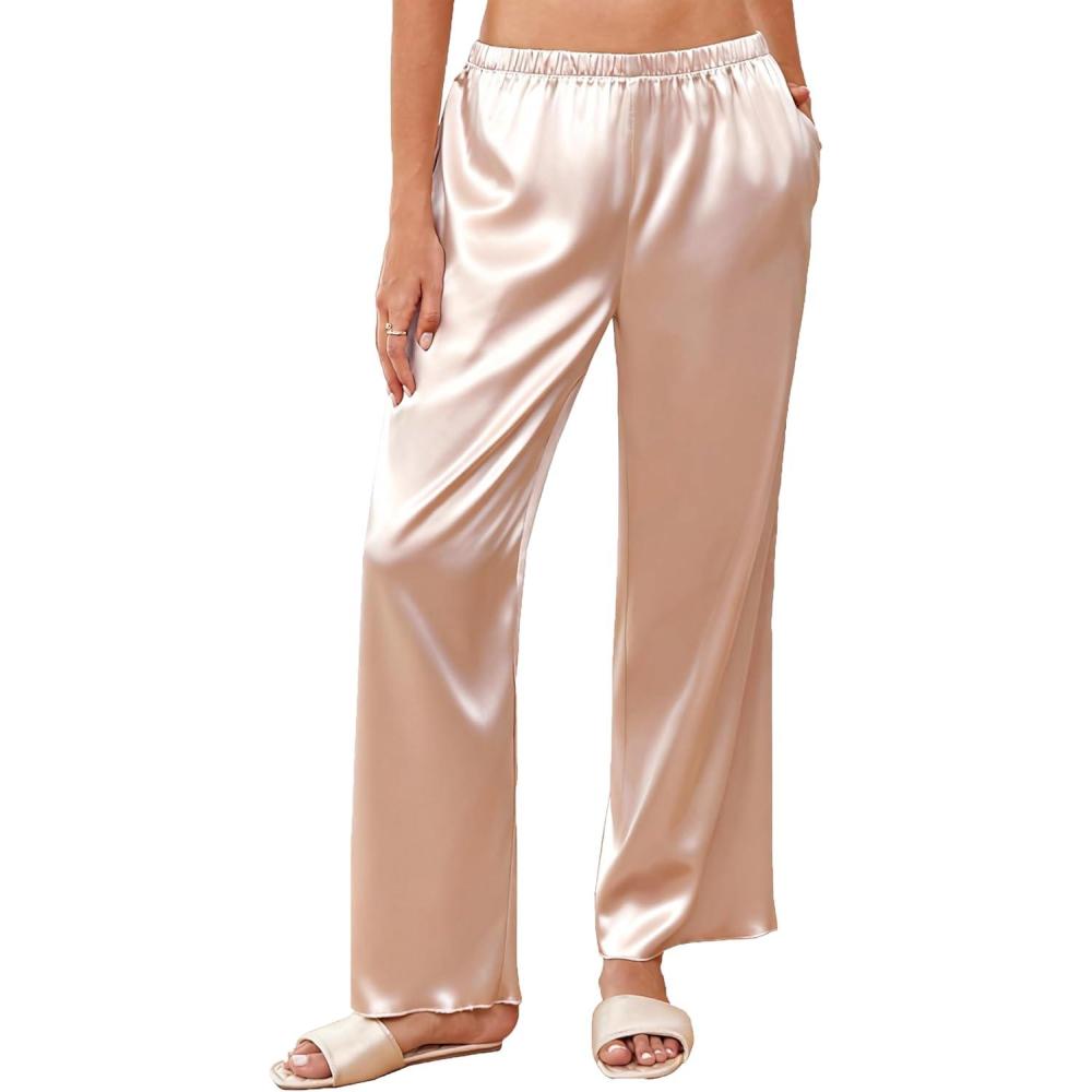 imageEkouaer Womens Silk Satin Wide Leg Pajama Sleep Pants Casual Loose Soft Lounge Pants Elastic Waist Pj Bottoms with PocketsChampagne