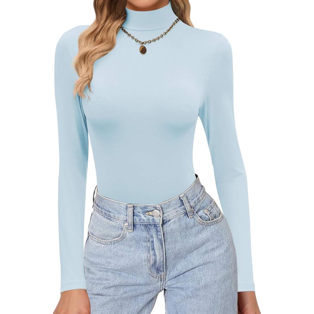 imageEkouaer Womens Turtleneck Shirts Long Sleeve Soft Lightweight Fitted Mock Thermal Base Layer TopsLight Blue