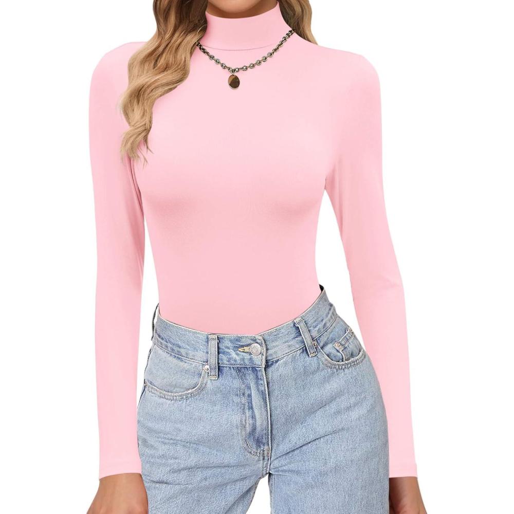 imageEkouaer Womens Turtleneck Shirts Long Sleeve Soft Lightweight Fitted Mock Thermal Base Layer TopsPink