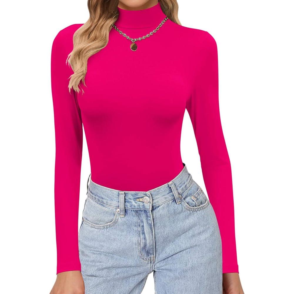 imageEkouaer Womens Turtleneck Shirts Long Sleeve Soft Lightweight Fitted Mock Thermal Base Layer TopsRose Red