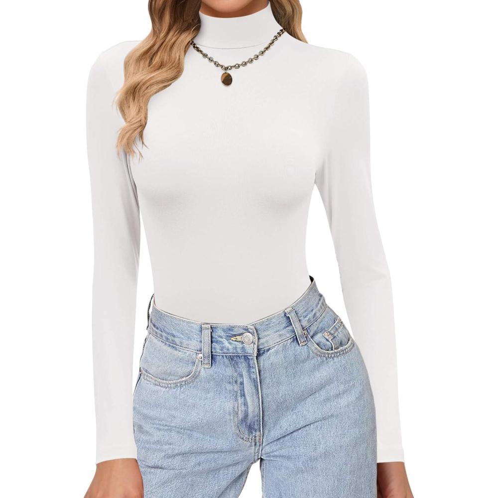 imageEkouaer Womens Turtleneck Shirts Long Sleeve Soft Lightweight Fitted Mock Thermal Base Layer TopsWhite