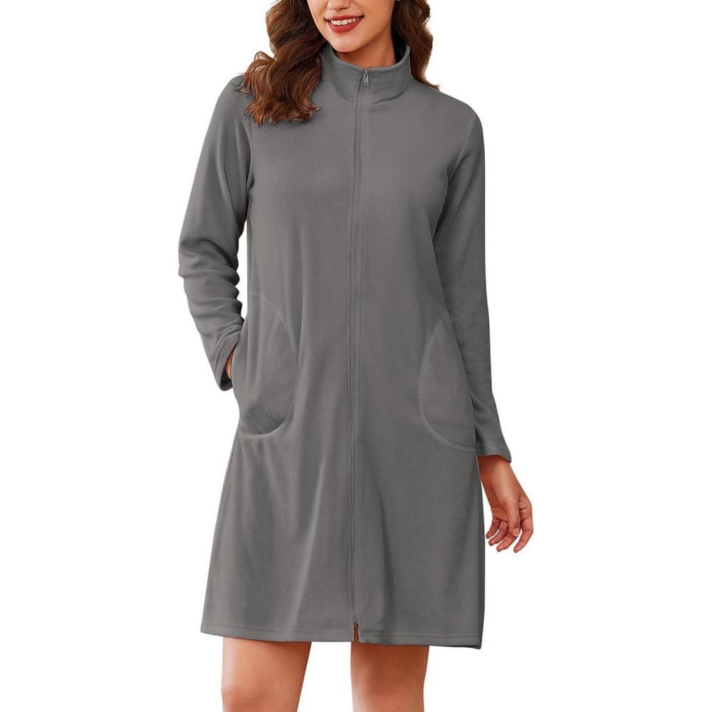 imageEkouaer Womens Zipper Robes Long Sleeves Bathobe Soft House Coat Sleepwear Knee Length Loungewear with Pockets SXXLDark Gray