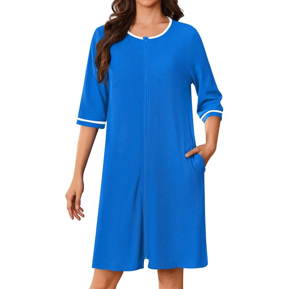 imageEkouaer Zip Up Robes for Women Short Waffle Bathrobe Lightweight house coat 34 Sleeve Soft Nightgown with Pockets S3XLBlue
