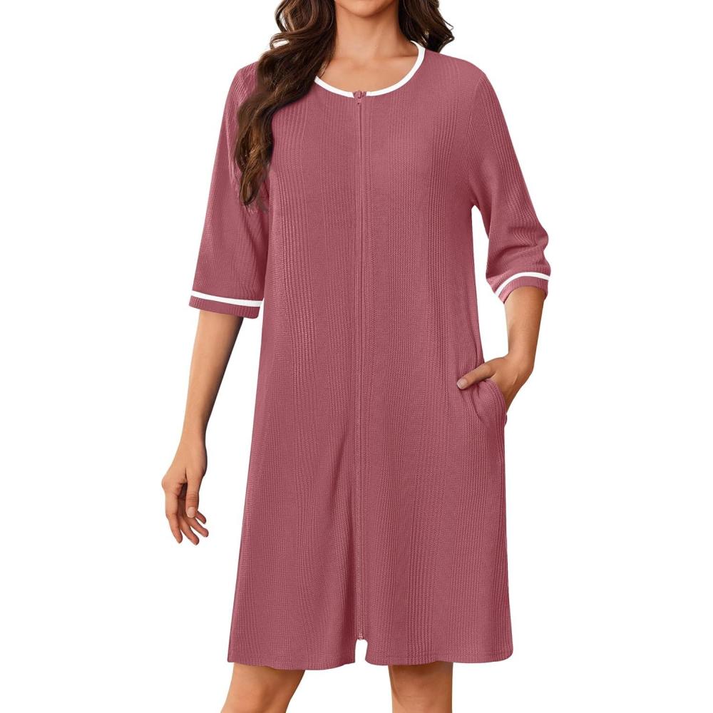 imageEkouaer Zip Up Robes for Women Short Waffle Bathrobe Lightweight house coat 34 Sleeve Soft Nightgown with Pockets S3XLGray Purple