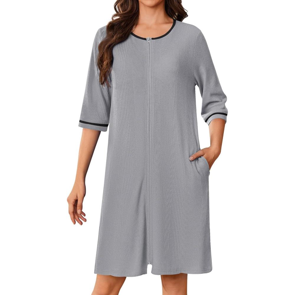 imageEkouaer Zip Up Robes for Women Short Waffle Bathrobe Lightweight house coat 34 Sleeve Soft Nightgown with Pockets S3XLLight Gray