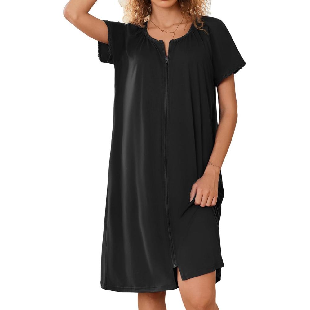 imageEkouaer Zipper Robes for Women Short Sleeves Knit Bathrobes Knee Length Soft Lace Trim Loungewear with Pockets S3XLBlack