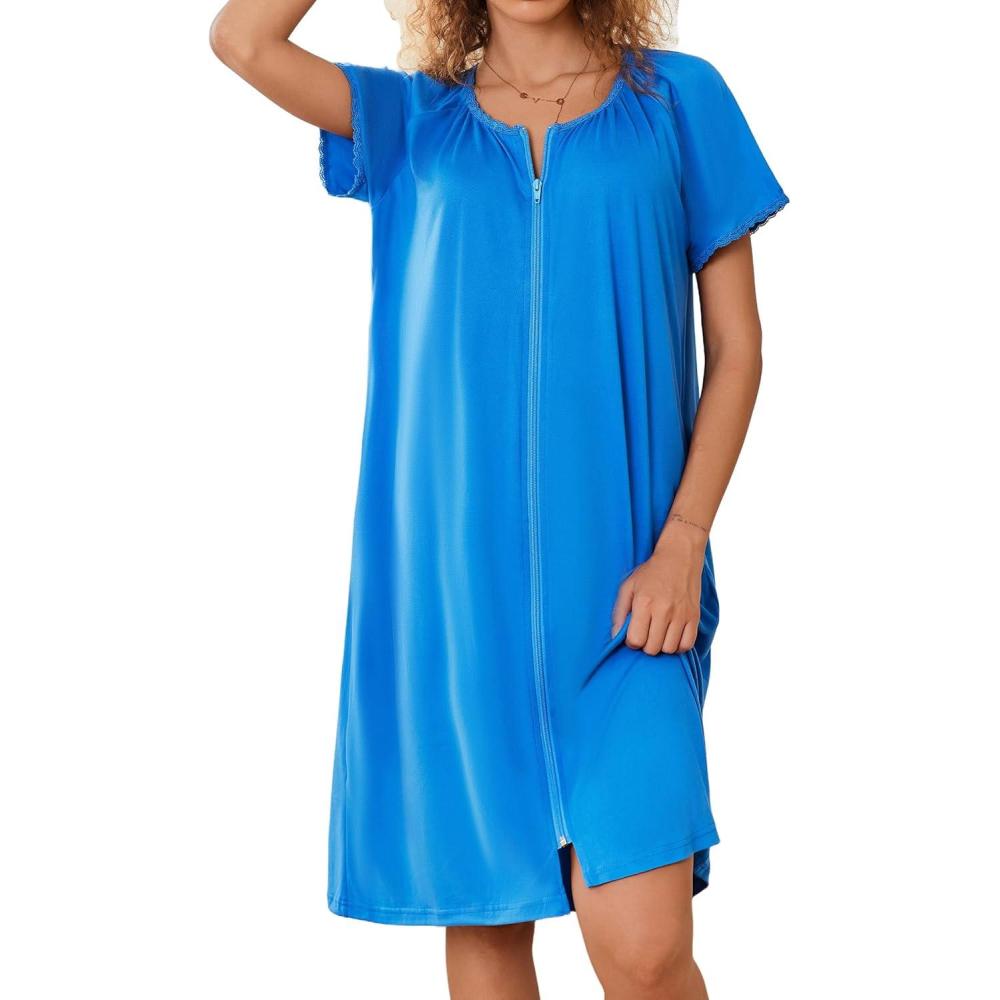 imageEkouaer Zipper Robes for Women Short Sleeves Knit Bathrobes Knee Length Soft Lace Trim Loungewear with Pockets S3XLBlue