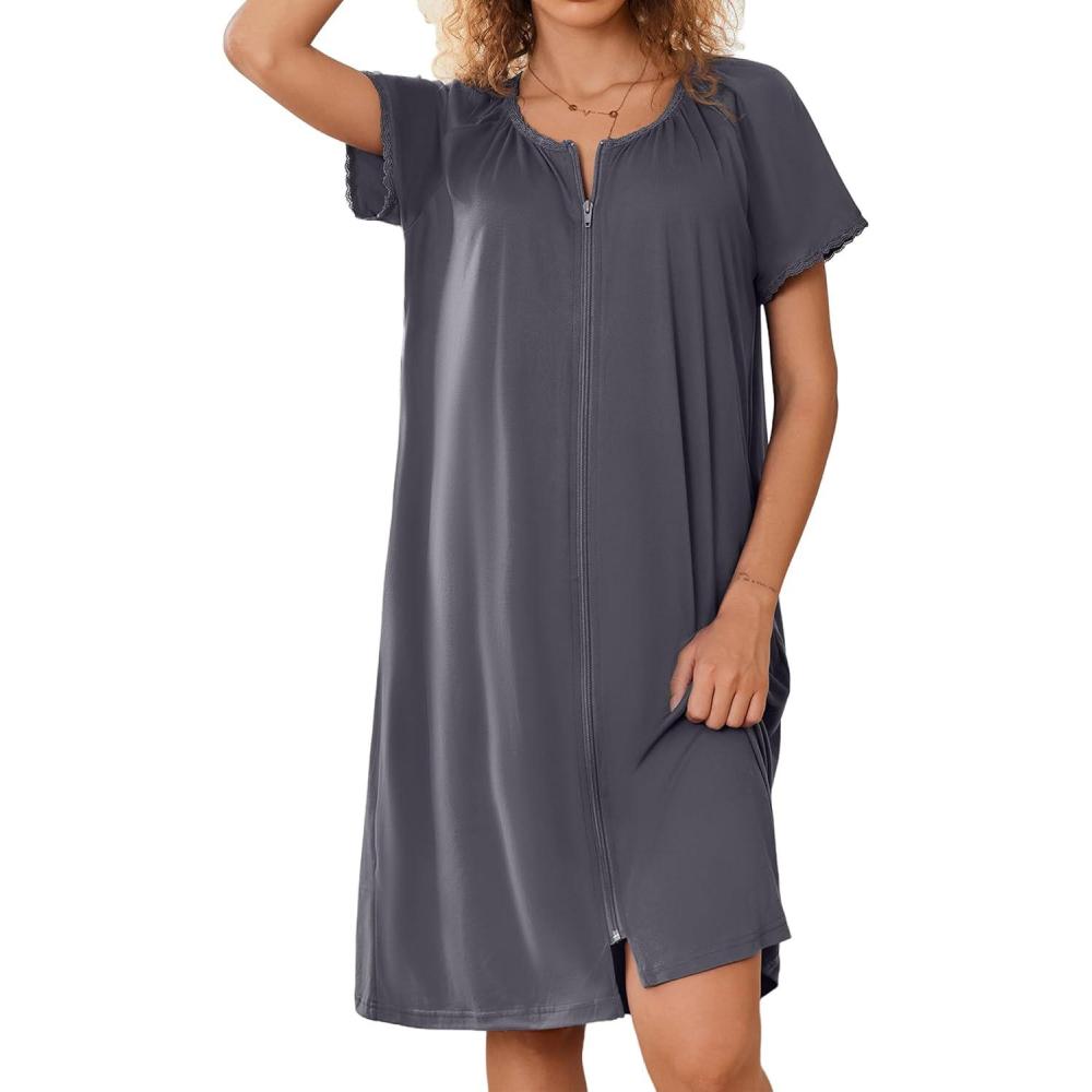 imageEkouaer Zipper Robes for Women Short Sleeves Knit Bathrobes Knee Length Soft Lace Trim Loungewear with Pockets S3XLDark Grey
