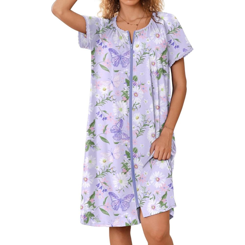 imageEkouaer Zipper Robes for Women Short Sleeves Knit Bathrobes Knee Length Soft Lace Trim Loungewear with Pockets S3XLFloral Light Purple