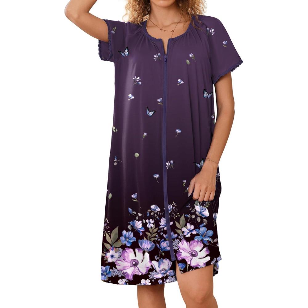 imageEkouaer Zipper Robes for Women Short Sleeves Knit Bathrobes Knee Length Soft Lace Trim Loungewear with Pockets S3XLFloral Purple