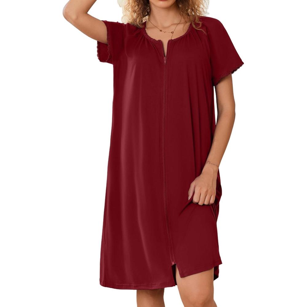 imageEkouaer Zipper Robes for Women Short Sleeves Knit Bathrobes Knee Length Soft Lace Trim Loungewear with Pockets S3XLWine Red