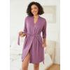 Ekouaer Robes for Women Ribbed Knit Bathrobe Soft Knee Length Kimono Robe 3/4 Sleeve Sleepwear with Pockets S-XXL(Gray Purple)