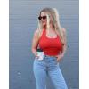 Ekouaer Women Halter Top Backless Scroop Neck Slim Stretchy Ribbed Knit Camisole Crop Tops S-XXL(Red)