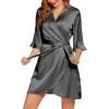 Ekouaer Women’s Satin Robe Valentines Lingerie for Women Kimono Bathrobe Short Ruffle Belted Robes Bridesmaids Sleepwear(Deep Grey)