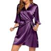 Ekouaer Women’s Satin Robe Valentines Lingerie for Women Kimono Bathrobe Short Ruffle Belted Robes Bridesmaids Sleepwear(Deep Purple)
