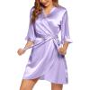 Ekouaer Women’s Satin Robe Valentines Lingerie for Women Kimono Bathrobe Short Ruffle Belted Robes Bridesmaids Sleepwear(Lavender)