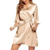 Ekouaer Women’s Satin Robe Valentines Lingerie for Women Kimono Bathrobe Short Ruffle Belted Robes Bridesmaids Sleepwear(Light Khaki)