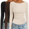 Ekouaer 3 Pack Womens Long Sleeve Shirts Boat Neck Ribbed Thermal Undershirts Lightweight Basic Top XS-XXL(Black/Brown/Beige)
