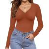 Ekouaer Long Sleeve Shirts for Women V Neck Basics Tops Lightweight Base Layer Slim Fit Top Thermal Undershirts(Light Brown)