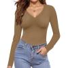 Ekouaer Long Sleeve Shirts for Women V Neck Basics Tops Lightweight Base Layer Slim Fit Top Thermal Undershirts(Light Khaki)