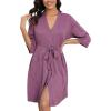 Ekouaer Robes for Women Ribbed Knit Bathrobe Soft Knee Length Kimono Robe 3/4 Sleeve Sleepwear with Pockets S-XXL(Gray Purple)