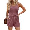Ekouaer Rompers for Women Summer Casual 2026 Sleeveless Scoop Neck Ribbed Adjustable Shorts Jumpsuit with Pockets(Maroon)