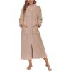Ekouaer Women Zipper Robe Fleece Long Sleeves Bathrobe Sleepwear Warm Soft Housecoat with Pockets Zip Up House Dresses(Khaki)