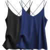 Ekouaer Womens 2-Pack Silk Satin Camisole Tank Top V Neck Sexy Cross Back Spaghetti Strap Cami Sleeveless Lounge Tops S-XXL(Black+navy Blue)