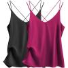 Ekouaer Womens 2-Pack Silk Satin Camisole Tank Top V Neck Sexy Cross Back Spaghetti Strap Cami Sleeveless Lounge Tops S-XXL(Black+wineberry)