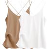 Ekouaer Womens 2-Pack Silk Satin Camisole Tank Top V Neck Sexy Cross Back Spaghetti Strap Cami Sleeveless Lounge Tops S-XXL(White+khaki)