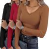 Ekouaer Womens 3 Pack Long Sleeve Shirts V Neck Ribbed Slim Fit Basic Tops Thermal Undershirts Casual Tee XS-XXL(Black/Light Brown/Red)