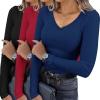 Ekouaer Womens 3 Pack Long Sleeve Shirts V Neck Ribbed Slim Fit Basic Tops Thermal Undershirts Casual Tee XS-XXL(Black/Navy/Red)