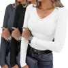 Ekouaer Womens 3 Pack Long Sleeve Shirts V Neck Ribbed Slim Fit Basic Tops Thermal Undershirts Casual Tee XS-XXL(Black/White/Dark Grey)